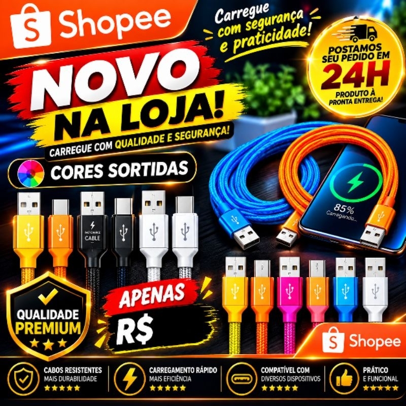 Cabo USB Tipo C 1,20m Carregamento Rápido para Android – Cores Sortidas – Envio em 24h