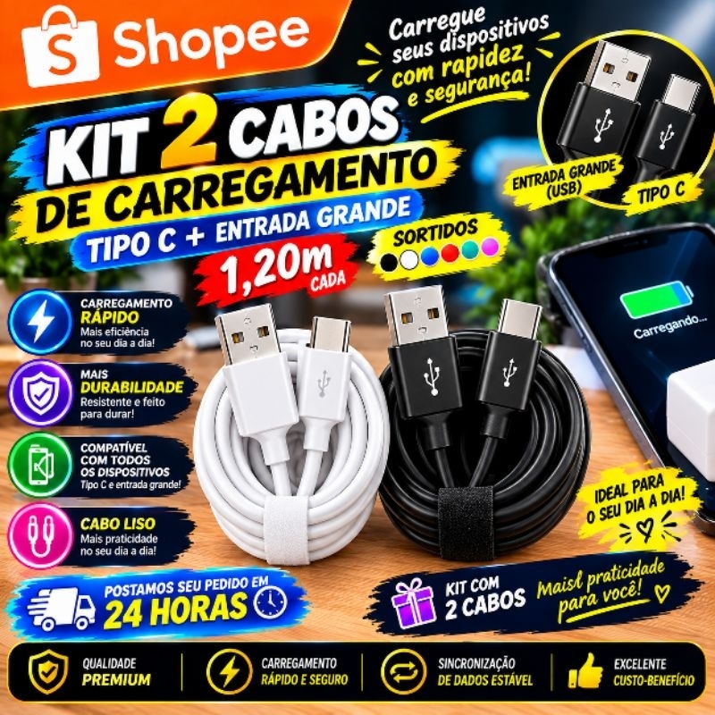 📱 Kit 2 Cabos USB Tipo C 📱 Carregador de Celular ⚡ Carregamento Rápido 🔥 Reforçado | Cores Sortidas