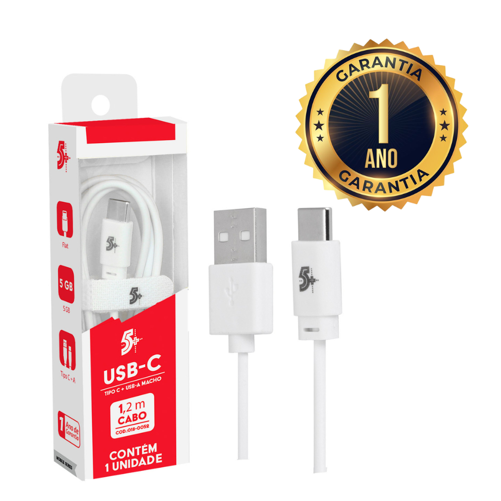 Cabo USB-A Macho Para USB-C Tipo C 5Gb 1,20m Branco Mobile Carregamento e Transferência de Dados