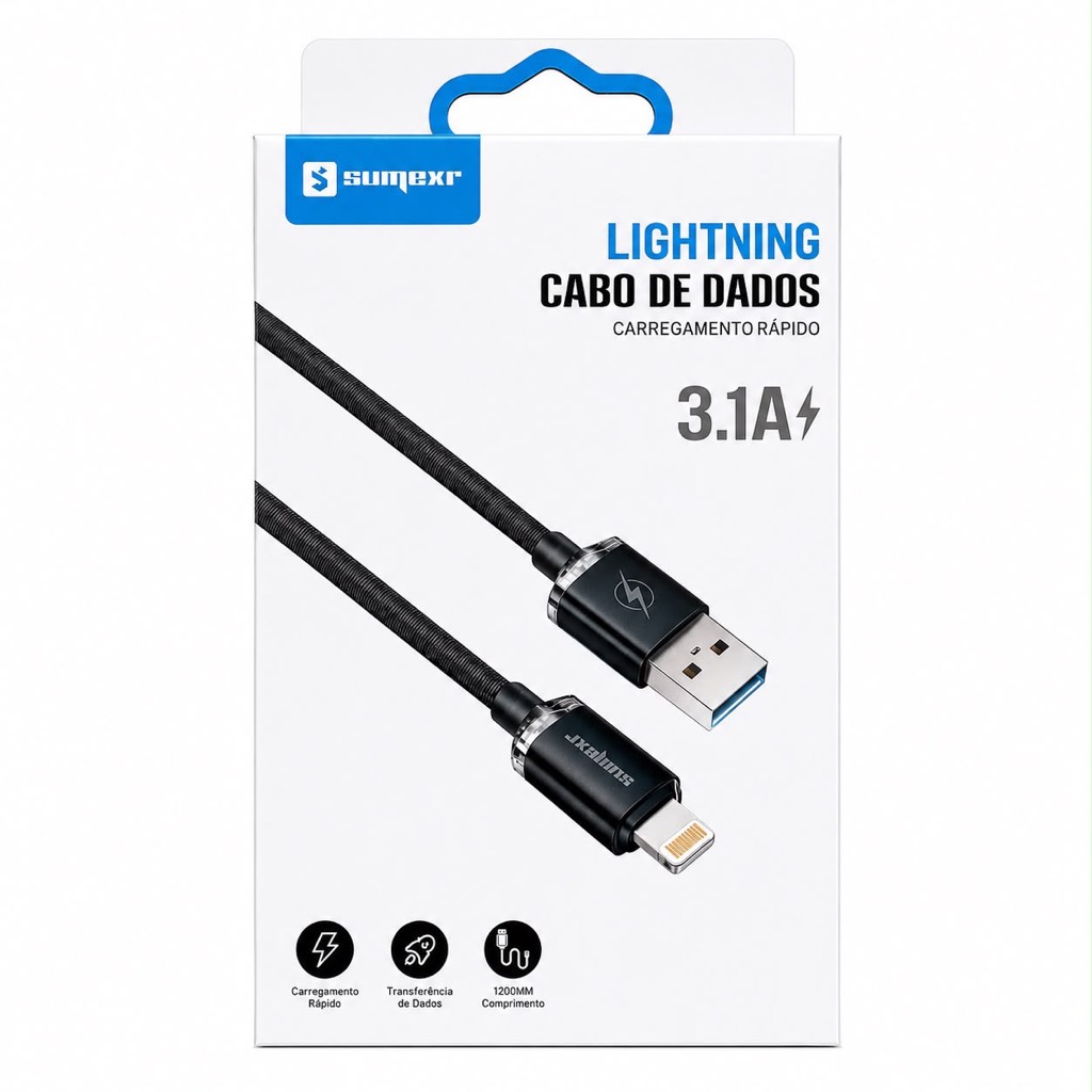 Cabo USB Lightning ou USB Tipo C SUMEXR 3.1A 1,20m Carregamento Rápido Cabo de Dados