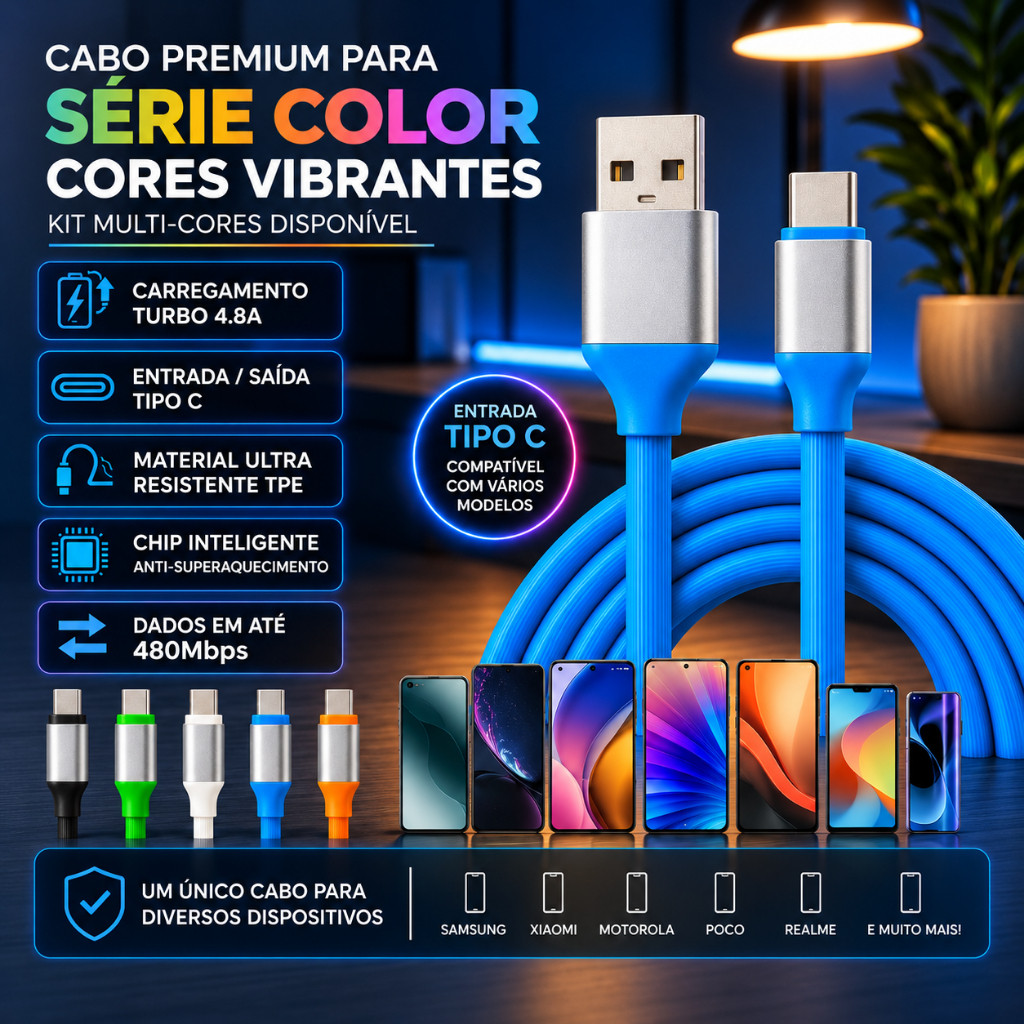 Cabo Colorido Turbo USB-C 1.20M Emborrachado Reforçado Compatível Todos Os Modelos Celulares Tipo C