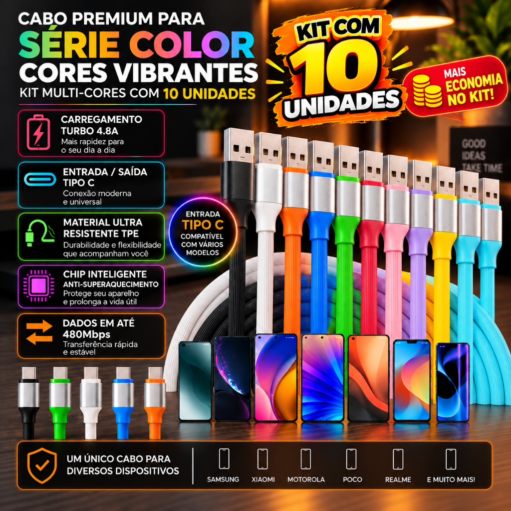 KIT 10 Unidades Cabos Colorido Turbo USB-C 1.20M Emborrachado Reforçado Compatível Celulares Tipo C Android e Iphone