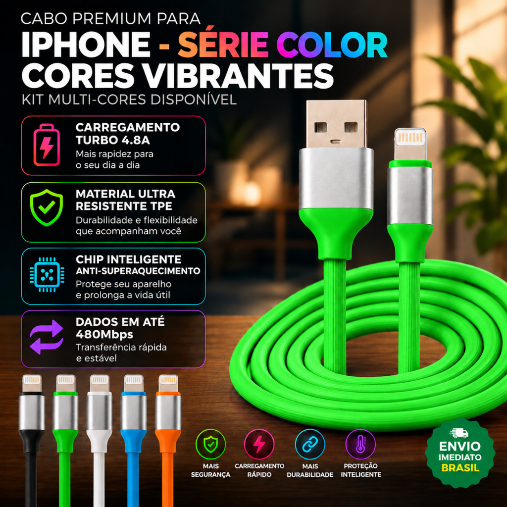 Cabo Color Lightning Turbo 1.20M Colorido Emborrachado Reforçado Celular iPhone 11 12 13 14