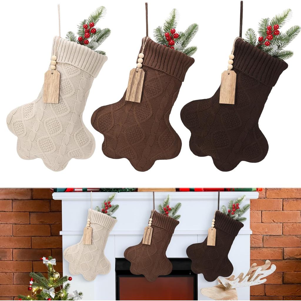 3 Pack Christmas Stockings Cat Dog Paw Hanging Ornaments 6 inch Large Knitted Cozy Christmas Stockings Decorations Xmas