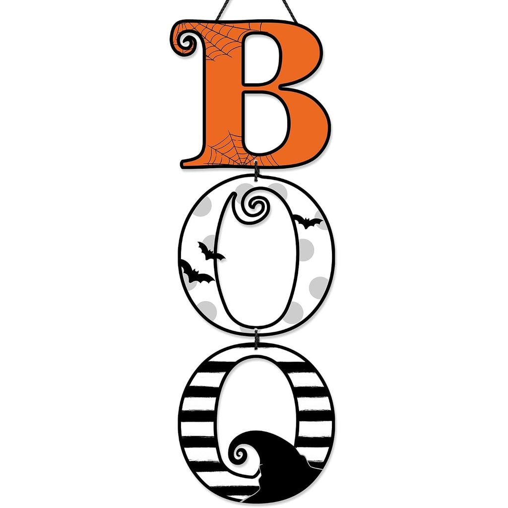 Spooky Large Size Wooden Boo Hanging Door Sign, Cartoon Boo Sign Door Decor Wall Plaque with Ghost Pumpkin for Home Outd