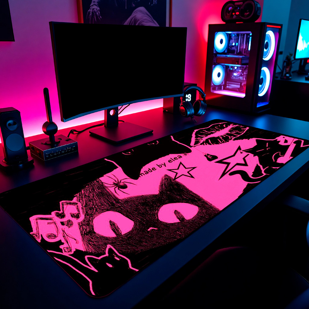 Mouse Pad Gamer Gatos Pink Grunge Estético 65x30cm 80x40cm 90x50cm 120x60cm Borda Costurada