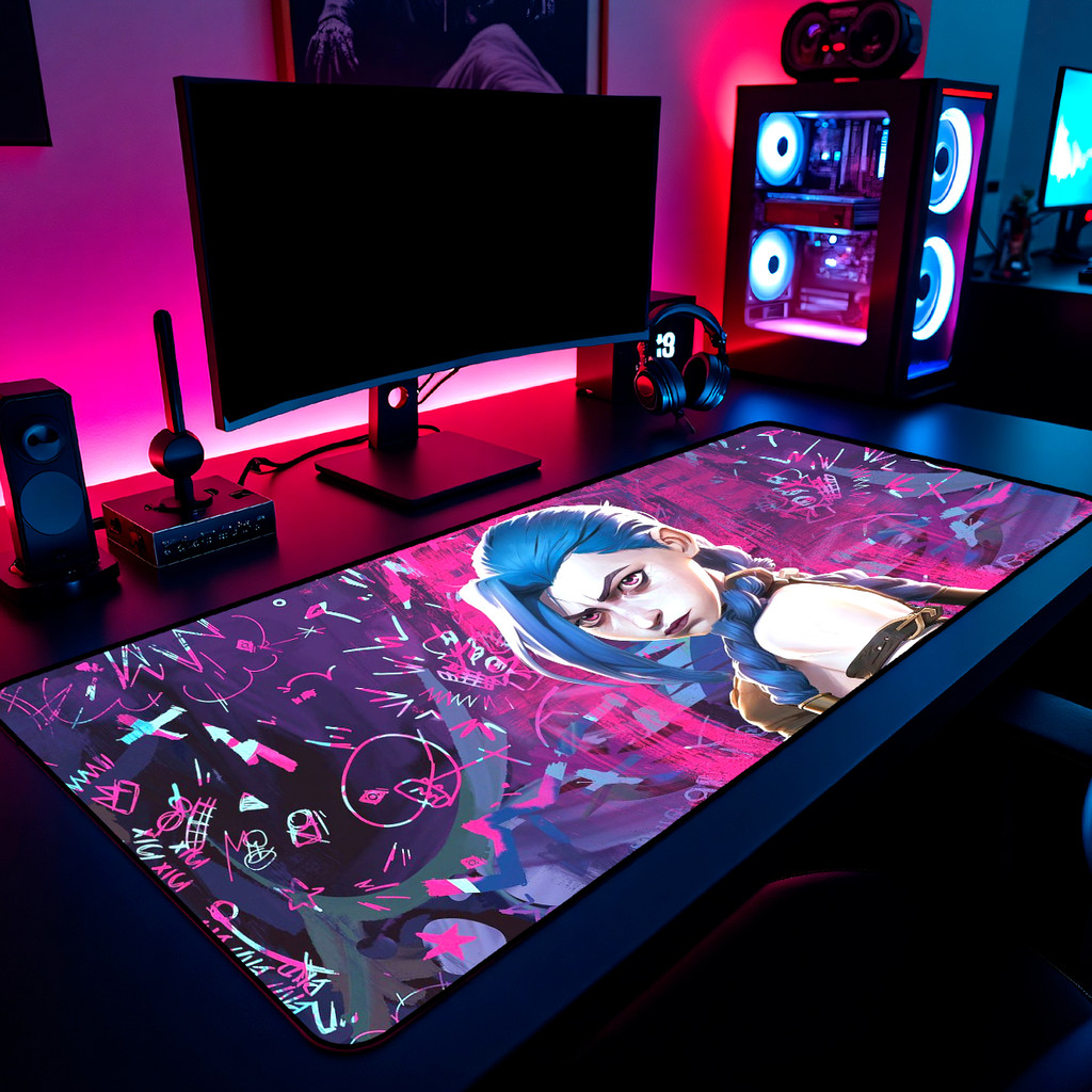 Mouse Pad Gamer Jinx Arcane Graffiti Pink 65x30cm 80x40cm 90x50cm 120x60cm Borda Costurada
