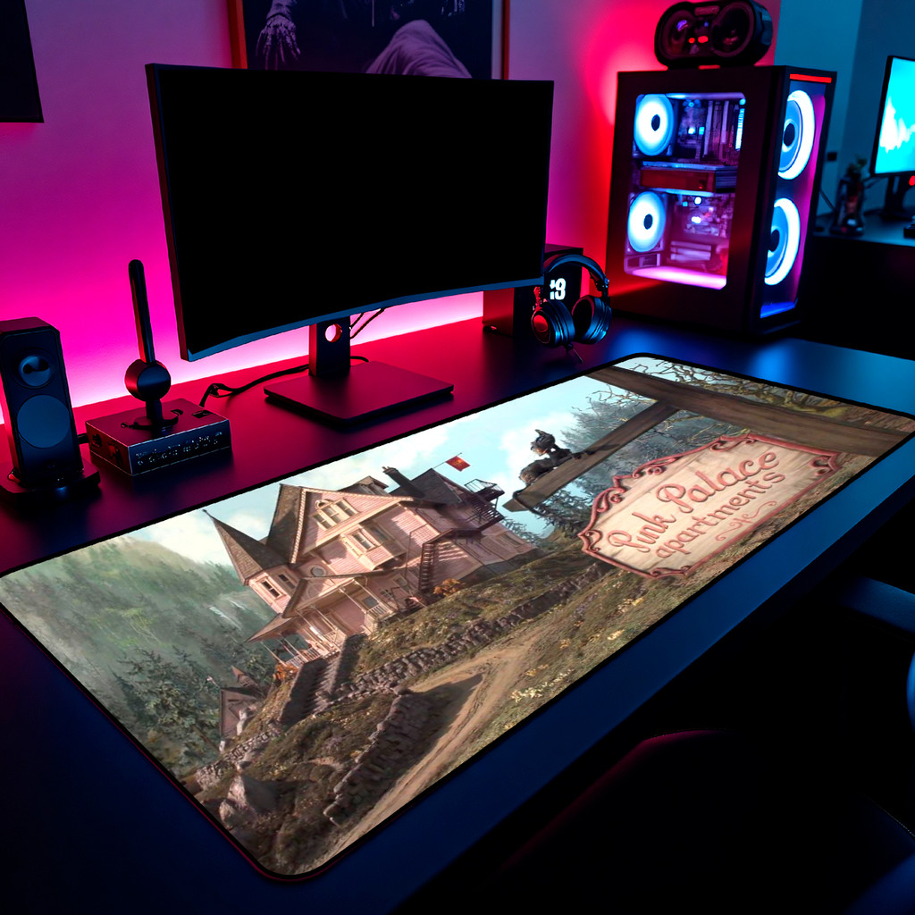 Mouse Pad Gamer Coraline Pink Palace Apartments 65x30cm 80x40cm 90x50cm 120x60cm Borda Costurada