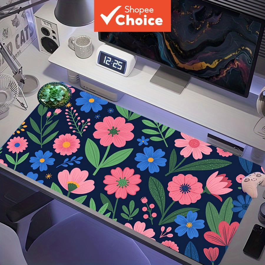 Tapete de mouse para jogos estendido Pink & Blue Flowers em fundo azul-marinho, XXL