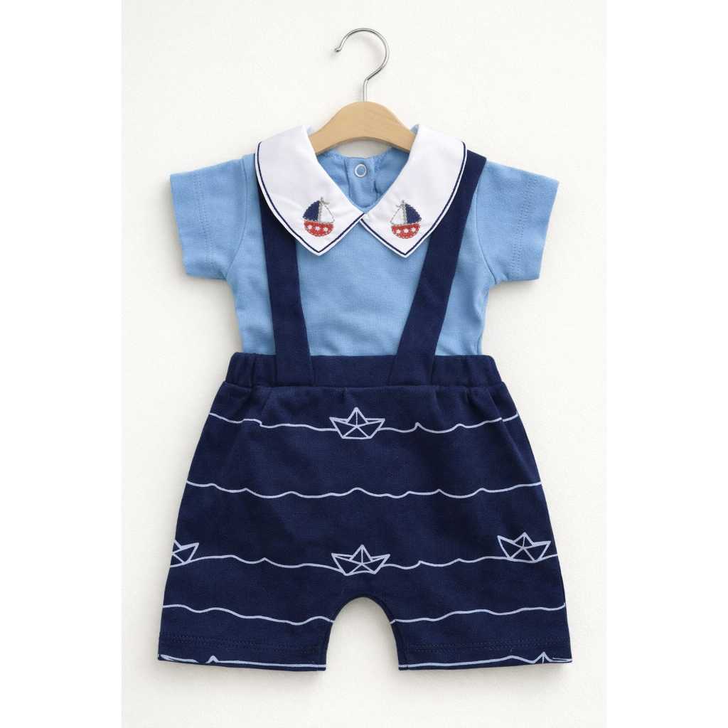 Macaquinho Bebê Menino com Body 100% Algodão Gola Bordada Roupa Infantil RN ao G