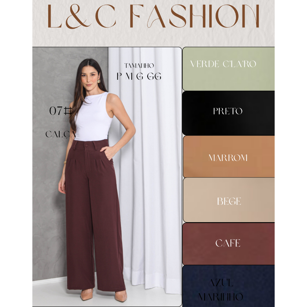 L&C FASHION Calça feminina pantalona, casual e basica, cores lindas, tecido alfaiataria.