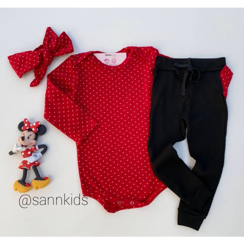 BODY MANGA LONGA VERMELHO COM BOLINHA + CALÇA RIBANA CANELADA PRETA l