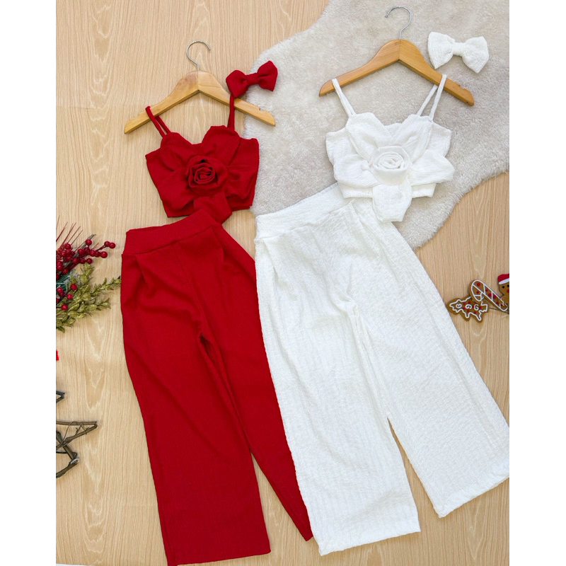 conjunto diva luxo infantil , calça pantalona, blusa flor branco vermelho l