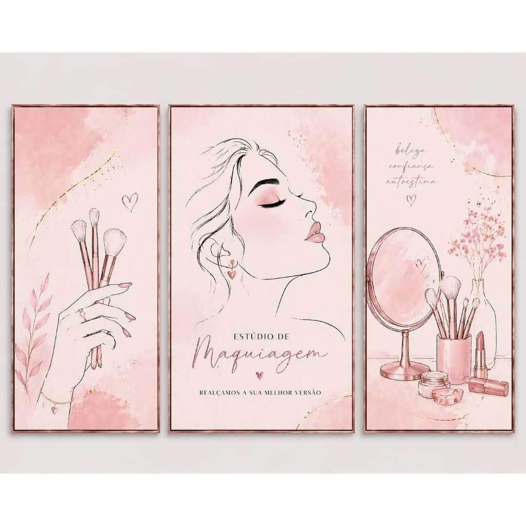 Kit 3 Quadros Beauty Rosa Gold Maquiagem Decorativo Salão Estética Feminino Luxo