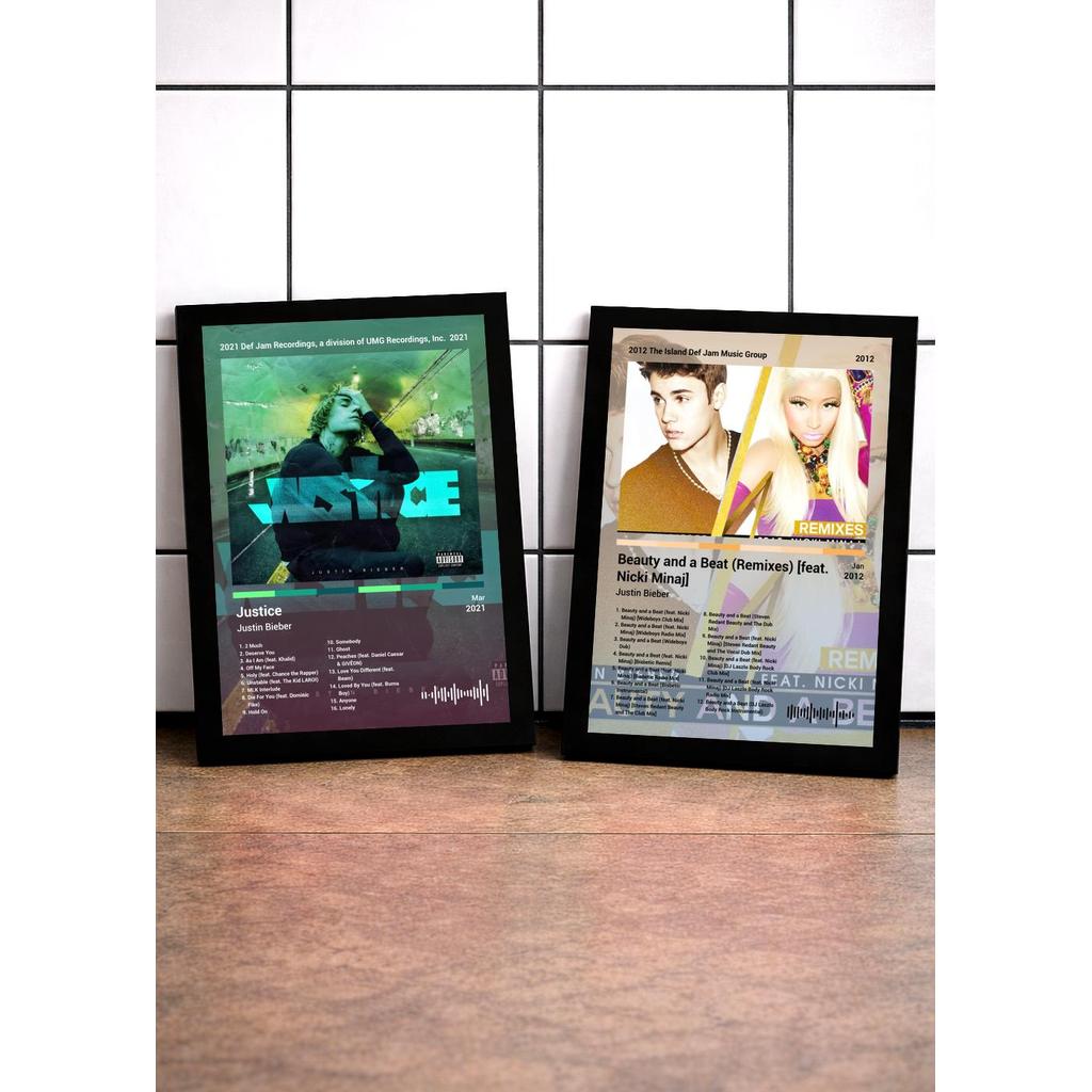 2 Quadros Justin Biebe+Beauty C/ Vidro, Moldura Preta