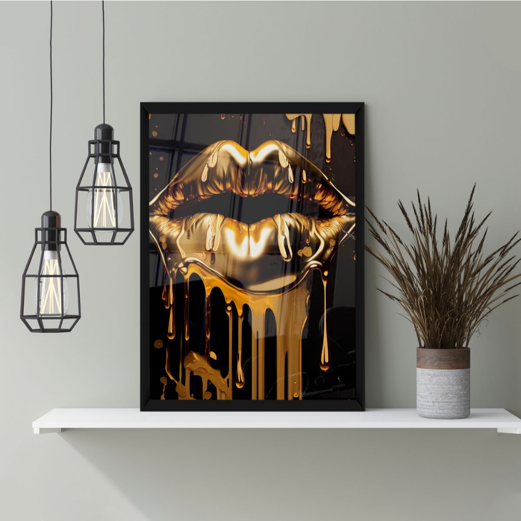 Quadro Decorativo Boca Dourada Tinta Beauty Lips Gold para Sala Quarto Com Moldura e Vidro