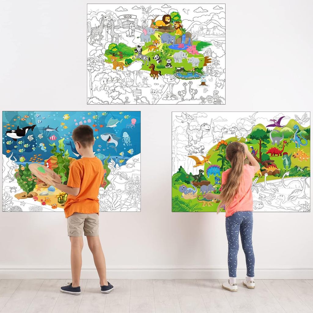 Funrous Set of 3 Jumbo Giant Coloring Poster 45 x 32 Inch Large Table Wall Size Coloring Sheets with Zoo Animal, Ocean C