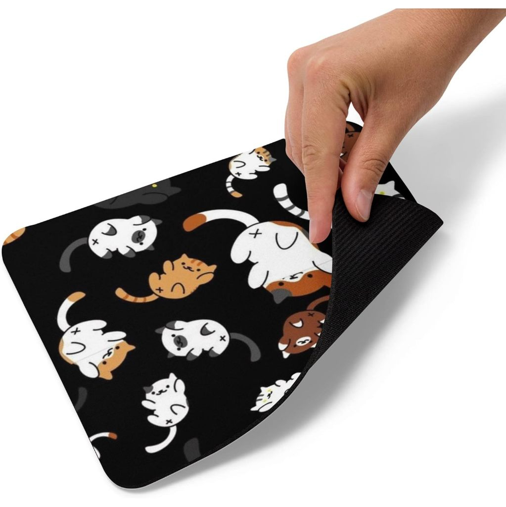 Mouse Pad com Estampa de Gatos Kawaii, Fundo Preto