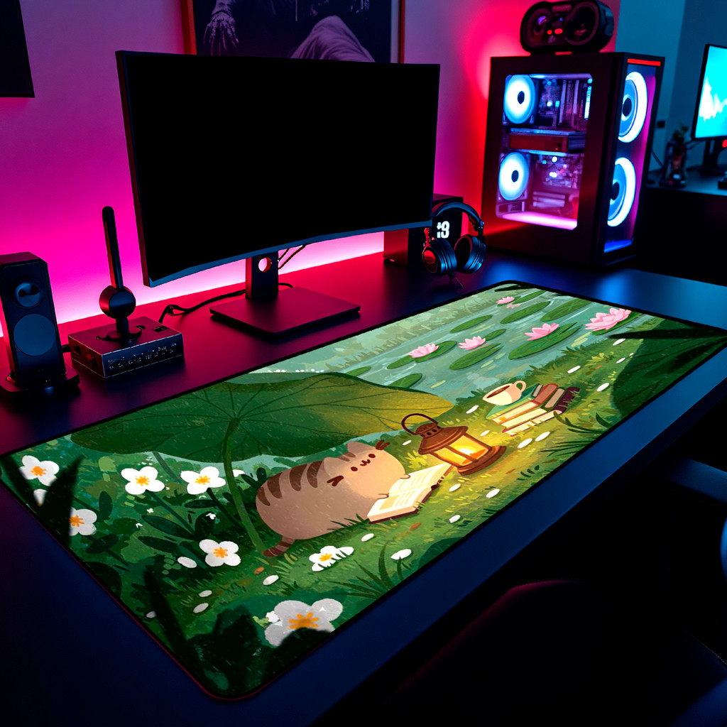 Mouse Pad Gamer Gato Pusheen Kawaii Lofi 65x30cm 80x40cm 90x50cm 120x60cm Borda Costurada