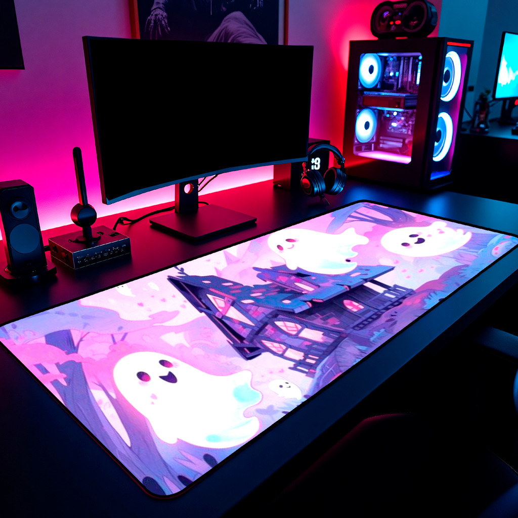 Mouse Pad Gamer Fantasmas Kawaii 65x30cm 80x40cm 90x50cm 120x60cm Borda Costurada
