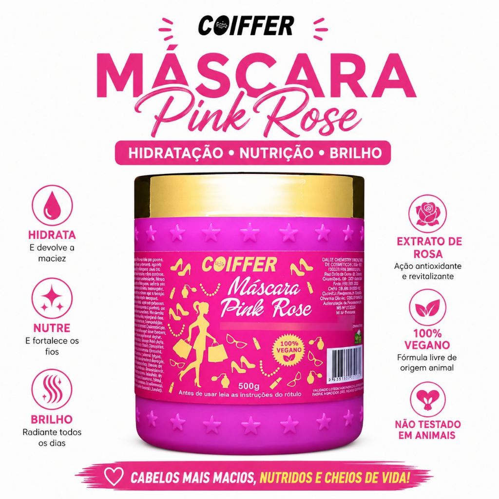 Máscara Coiffer Pink Rose Hidratação Nutrição Brilho Intenso 500g