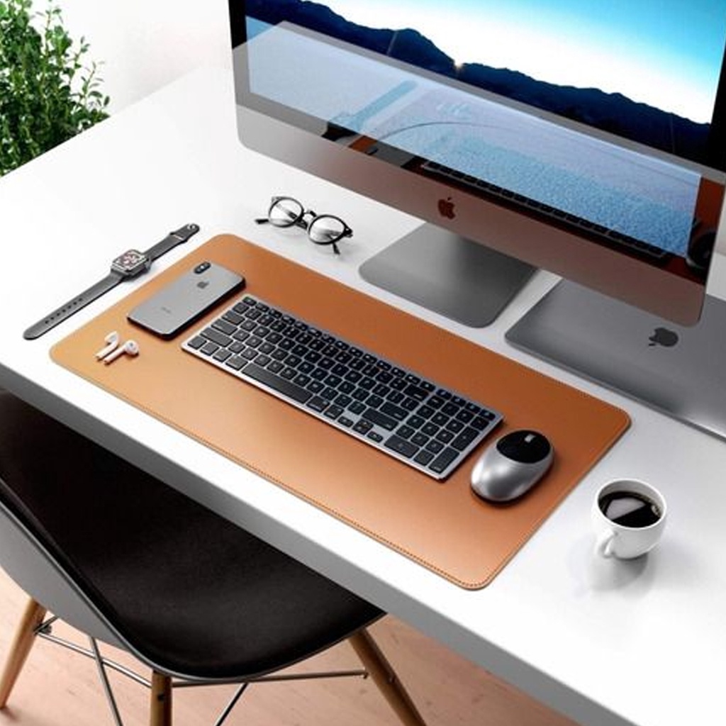 Mouse Pad Grande Couro Premium Caramelo Brilho Minimalista