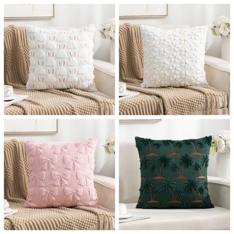 New Quilted Embroidered Pillowcase With Rabbit Fur Sofa Without Insert Office Backrest Cushion Cover Headboard Pillow Co