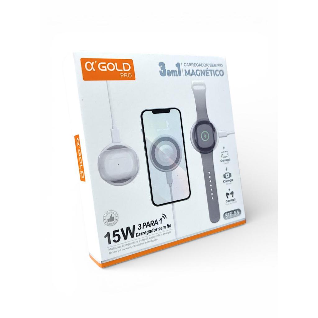 Carregador Sem Fio Magnético 3 em 1 15W A’Gold Pro Wireless para Celular Smartwatch e Fone