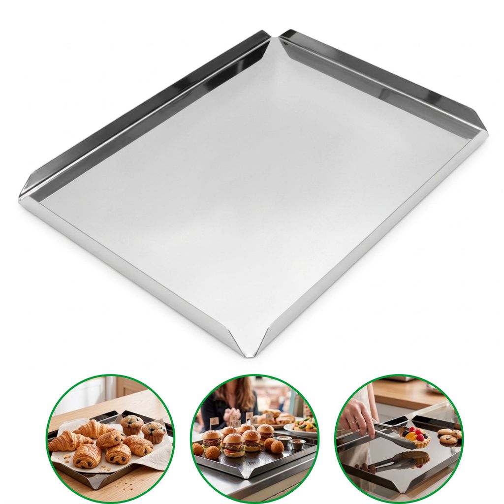 Bandeja em Aço Inox 45x40cm Canto Aberto Pães Doces Servir