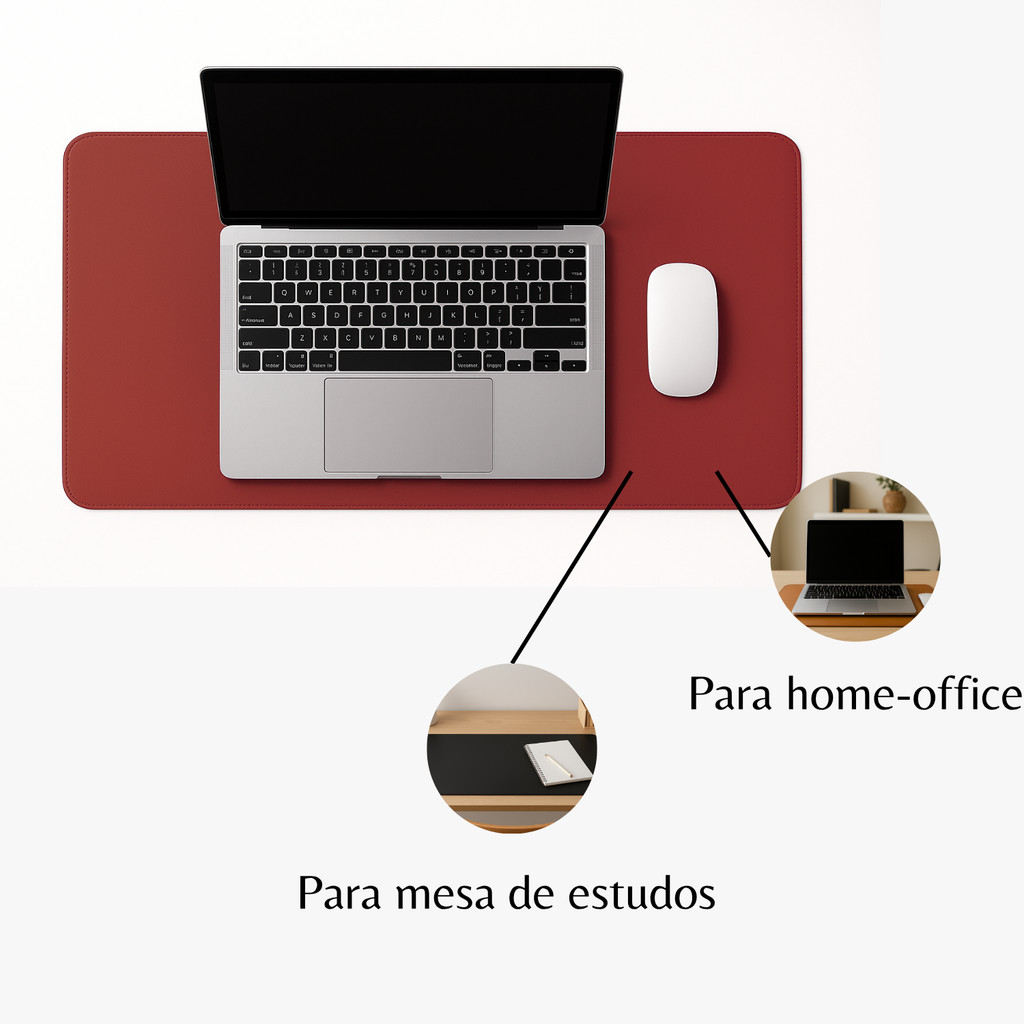 Desk Pad Grande Couro Vermelho Feltro Costurado Básico