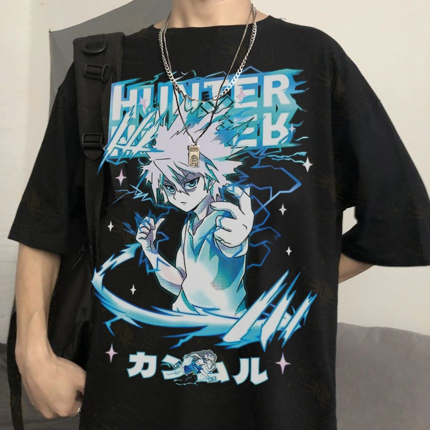Camiseta Unissex Oversized Plus Size Feminina Masculina preta de algodão oversize Anime Hunter x Hunter Killua Unissex S