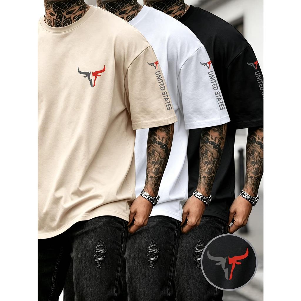 Kit 3 peças Camiseta Masculina Algodão Premium Adulto Plus Size Infantil Boi Touro Bicolor United States Moda Country