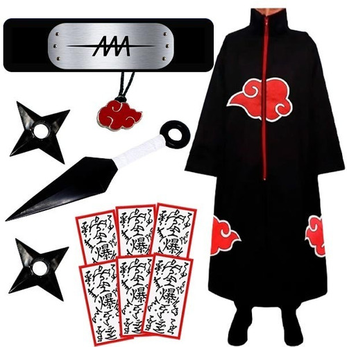 Kit Manto Akatsuki Colar Bandana Kunai Shuriken Premium
