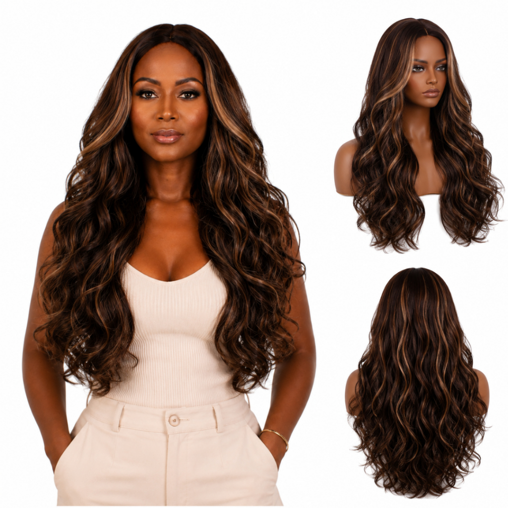 Peruca Lace Wig Sem Franja Castanho Com Mechas 60cm Premium