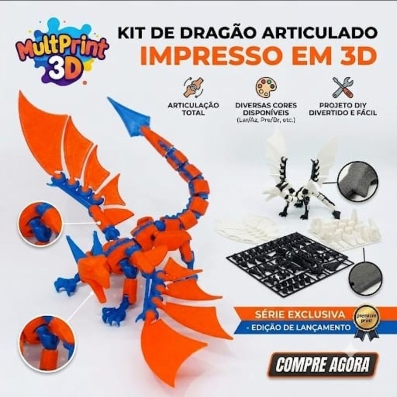Dragão Articulado Mecha Premium 3D Articulação Completa com Suporte Montado ou Kit para montar