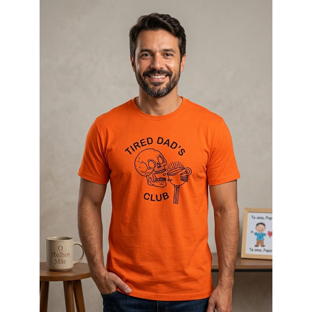 Camiseta Tired Dad's Club Pai Caveira Café Divertida Masculina Estampada Algodão Presente Plus Size