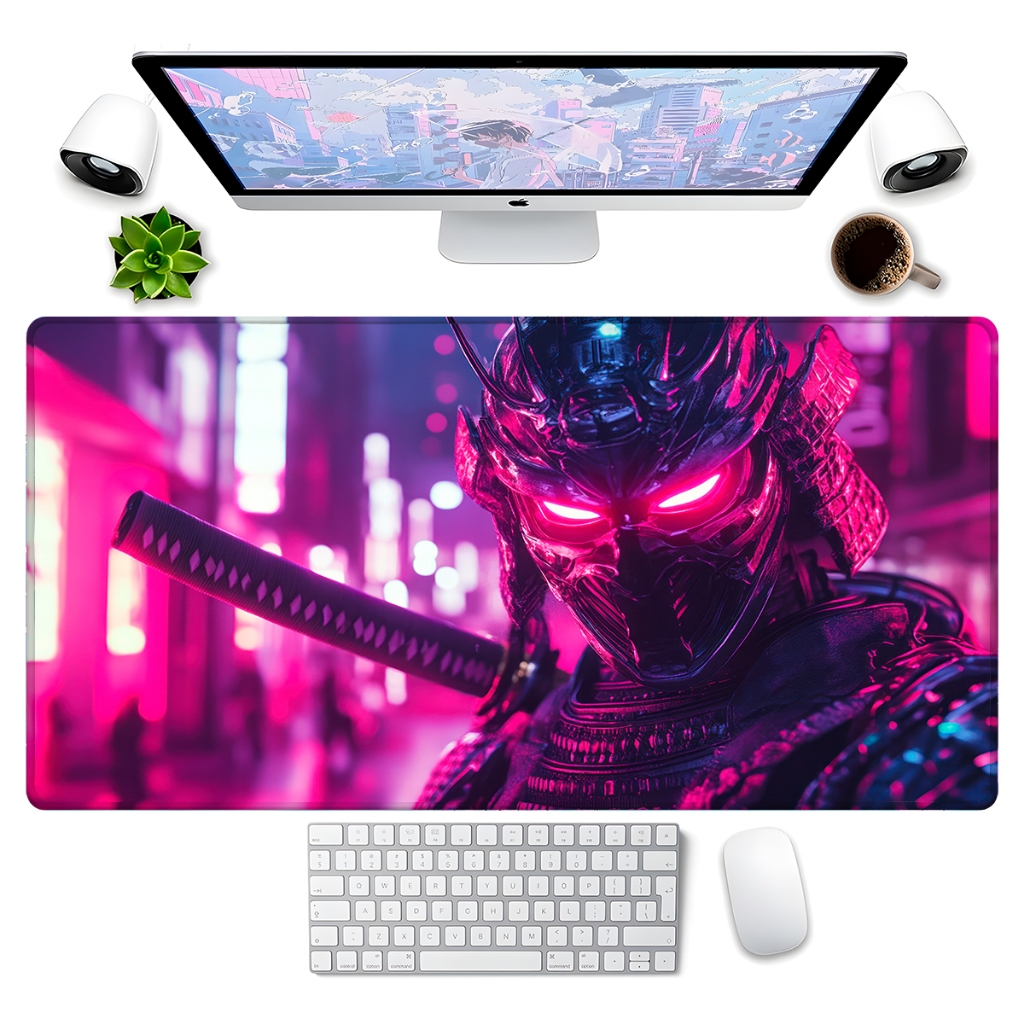 Mouse Pad Gamer p/ Destktop Borda Costurada Periférico Tema Japan Samurai Katana