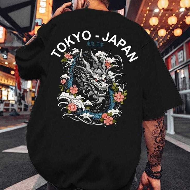 Camiseta Unissex Oversized Tokyo Japan Dragão Japonês Streetwear Moda Urbana Samurai Estilo Oriental