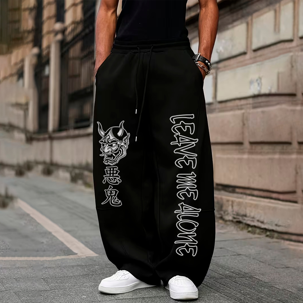 Calça Moletom Pantalona Wide Leg Style Leave Me Alone Streetwear Tokyo Gotico Mask Slim Samurai Japan Viking Unissex