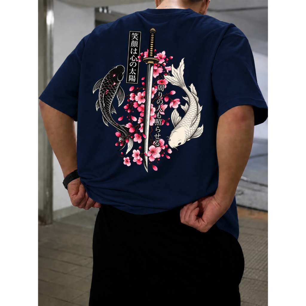 Camiseta Katana Samurai Carpa Koi Sakura Japan Style Estampada Frente e Costas Premium