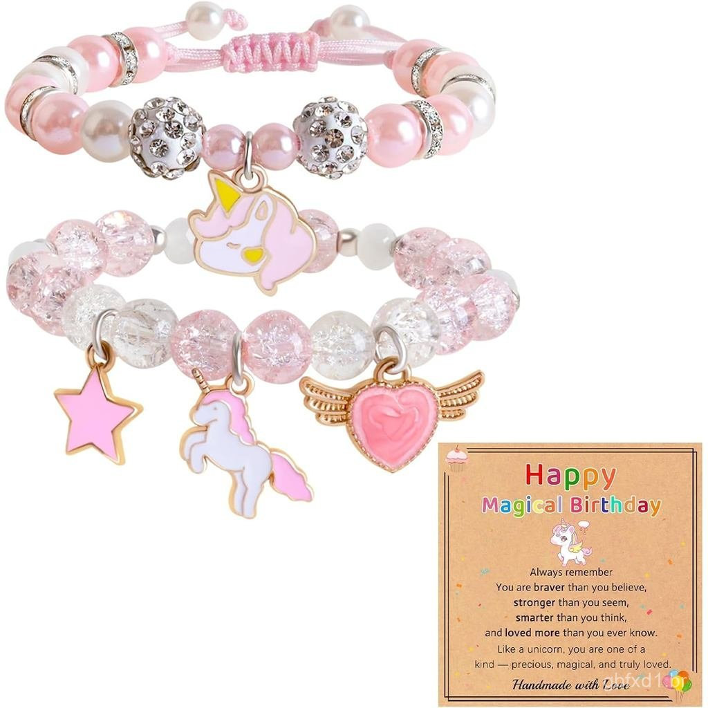 Kawaii Unicorn Bracelet Birthday Gifts for Gir Adjustable Pink Pearl and Crystal Beads Unicorn Decorations Jewelry for 4