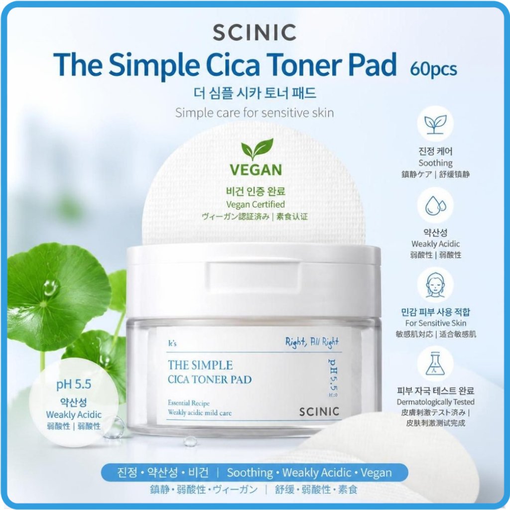 [Scinic] The Simple Cica Skin Pad l 60pcs Vegano Calmanteஐcuidado Calmante Esfoliação Suave Cuidados Com Barreira Da Pel