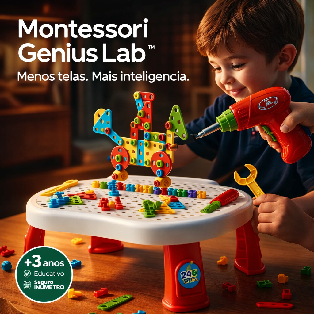 Montessori Genius Lab™ Mesa Educativa Infantil 247 Peças com Furadeira Brinquedo Educativo +3 Anos