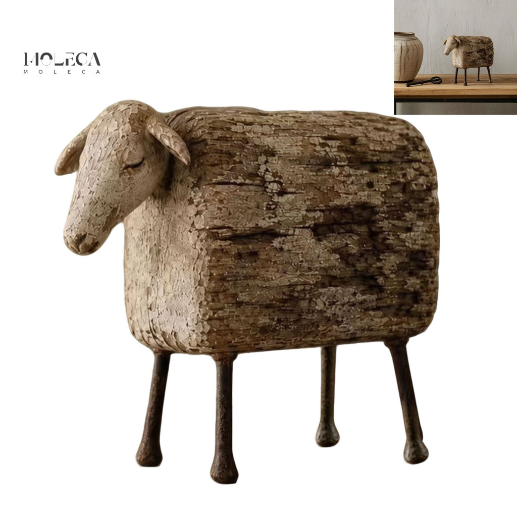 Small Room Statues Sheep Ornaments Rustic Resin Figurine Distressed Wood Grain Farmhouse Decor for Office Desk Shelf Tab