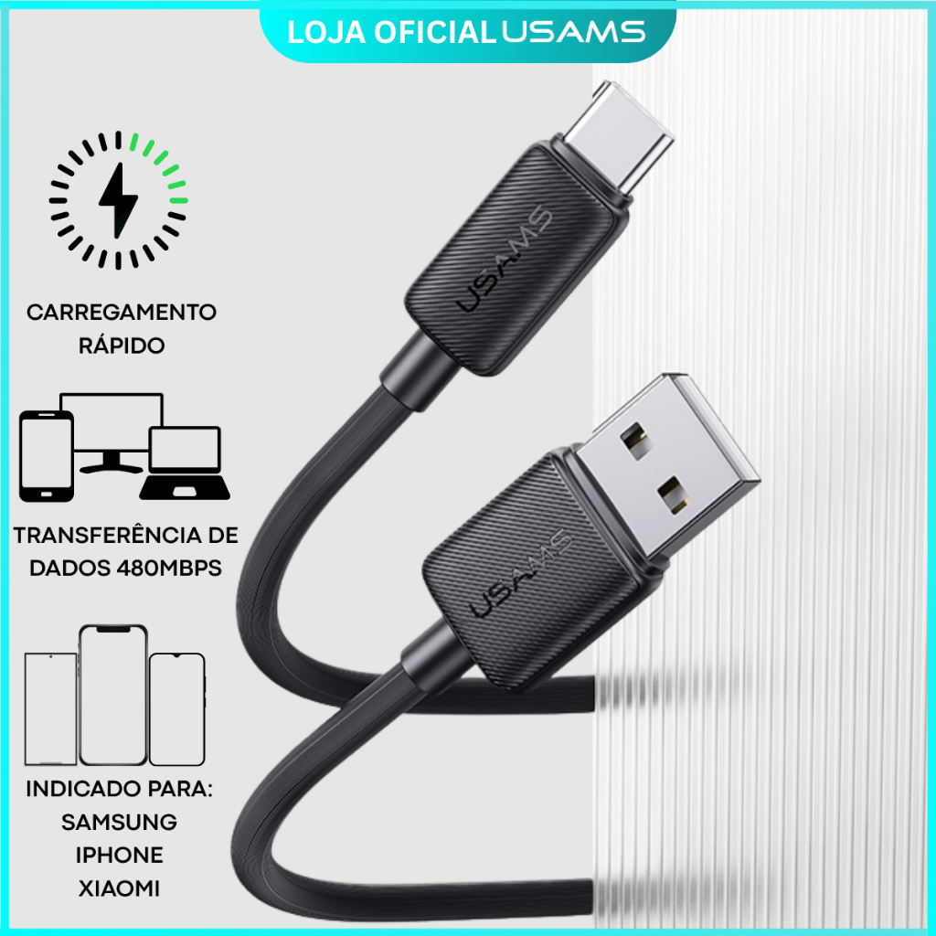 Cabo USB Tipo-C 3A – Carregador Rápido Fast Charging, Compatível Android Auto e CarPlay