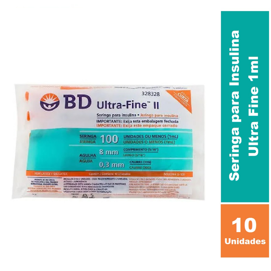Seringa Para Insulina 1mL BD Ultrafine (100UI) Com Agulha 8x0,3mm 30G - Kit C/10 Unidades