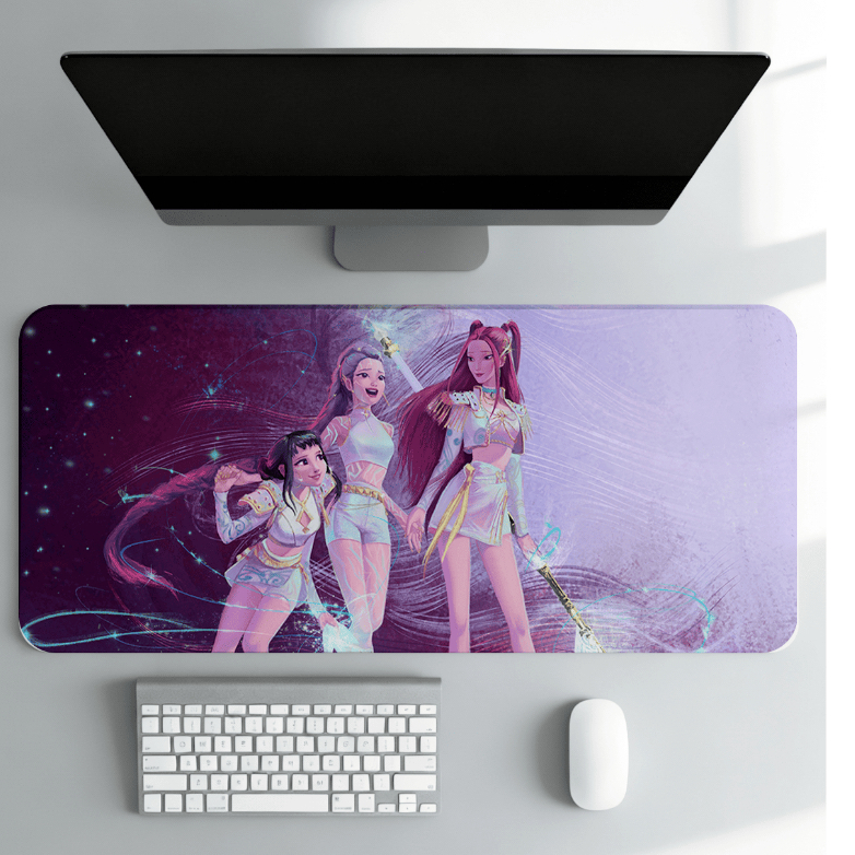Mouse Pad Gamer Deskmat Anime Girl Kpop Guerreiras Grande Rosa Roxo Setup Gamer Base Antiderrapante