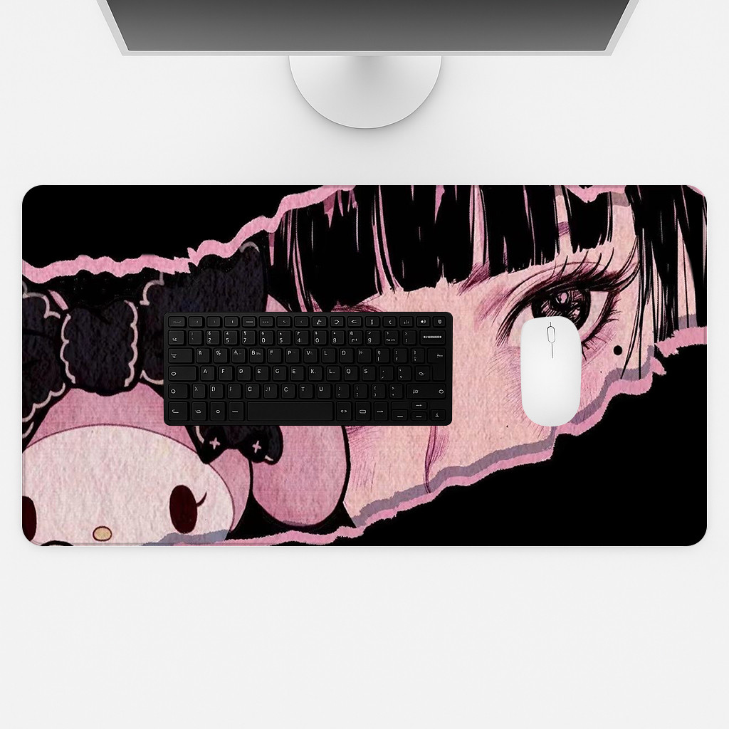Mousepad Gamer Grande Estampa Anime Girl Gótica Rosa Preto Acessório PC
