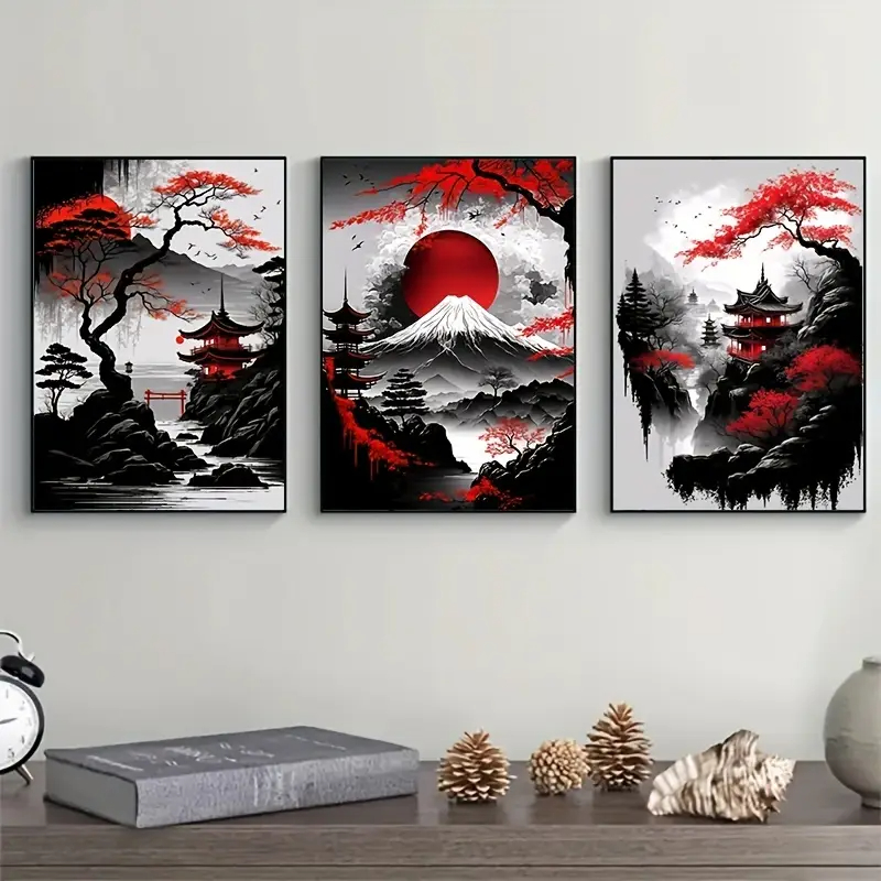 Kit 3 Quadros Japonês Monte Fuji Vermelho MDF Autocolante Decoração Zen Samurai Minimalista