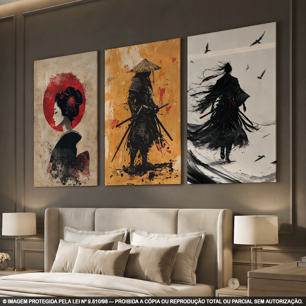 Kit 3 Quadros Decorativos Japão Samurai e Gueixa – Arte Oriental Japonesa Moderna para Sala, Quarto e Escritório